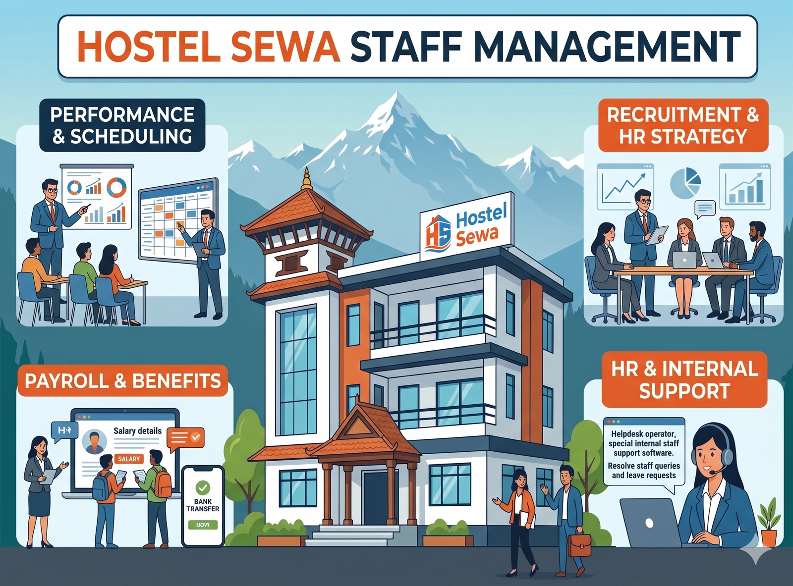 A team of uniformed hostel staff smiling